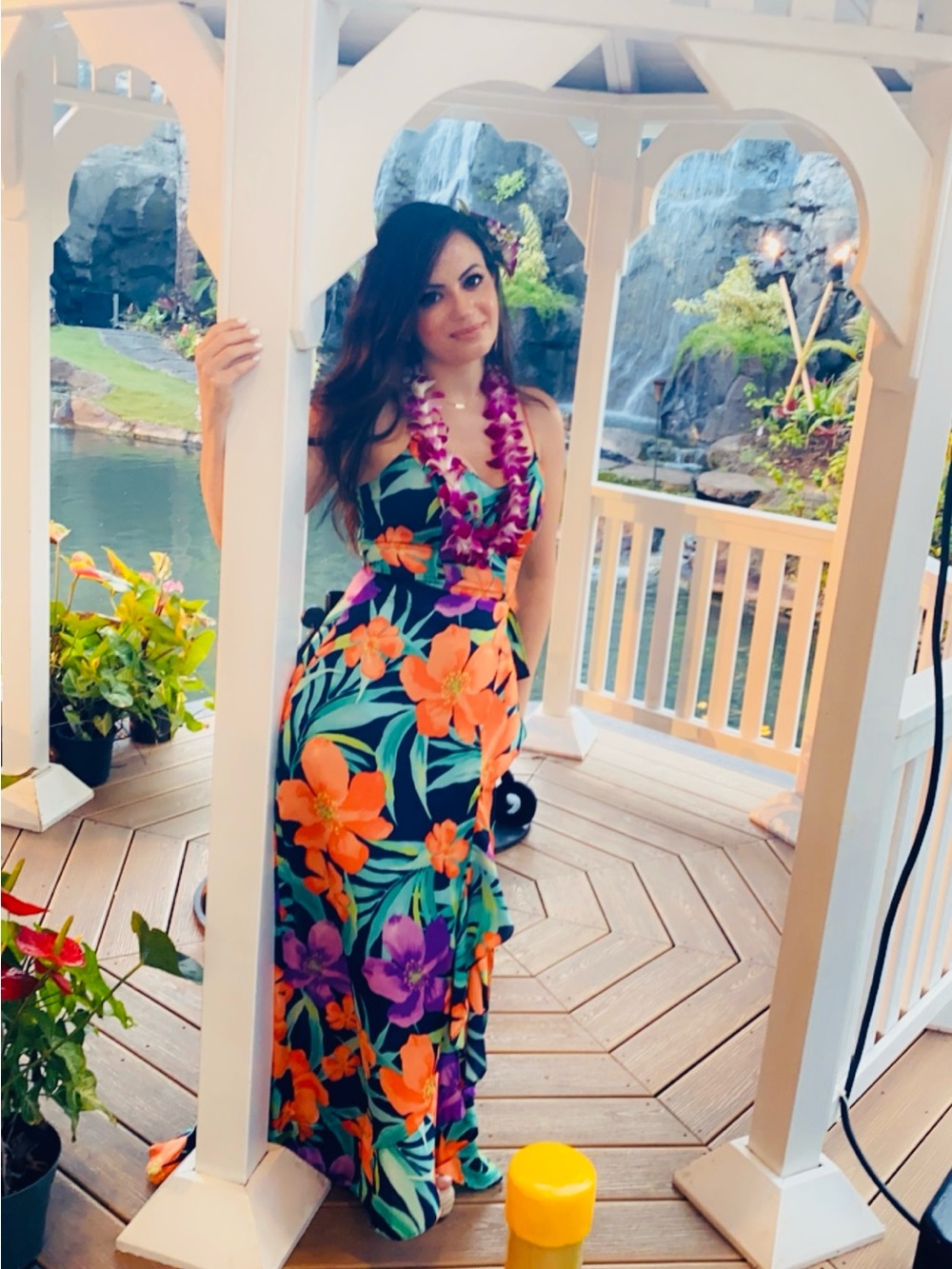 Lulu's Black Maxi Dress with Orange & Purple Floral Print